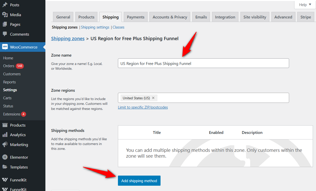 Add the zone name and regions to serve customers for your free plus shipping funnel