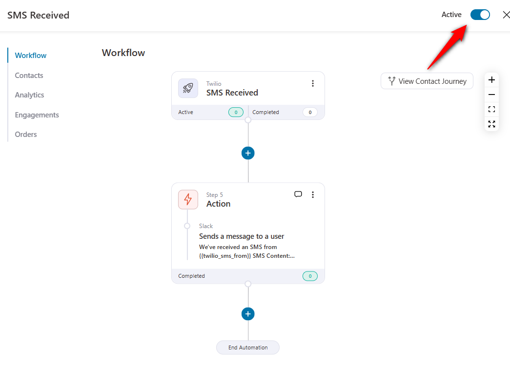 Activate the twilio sms slack automation