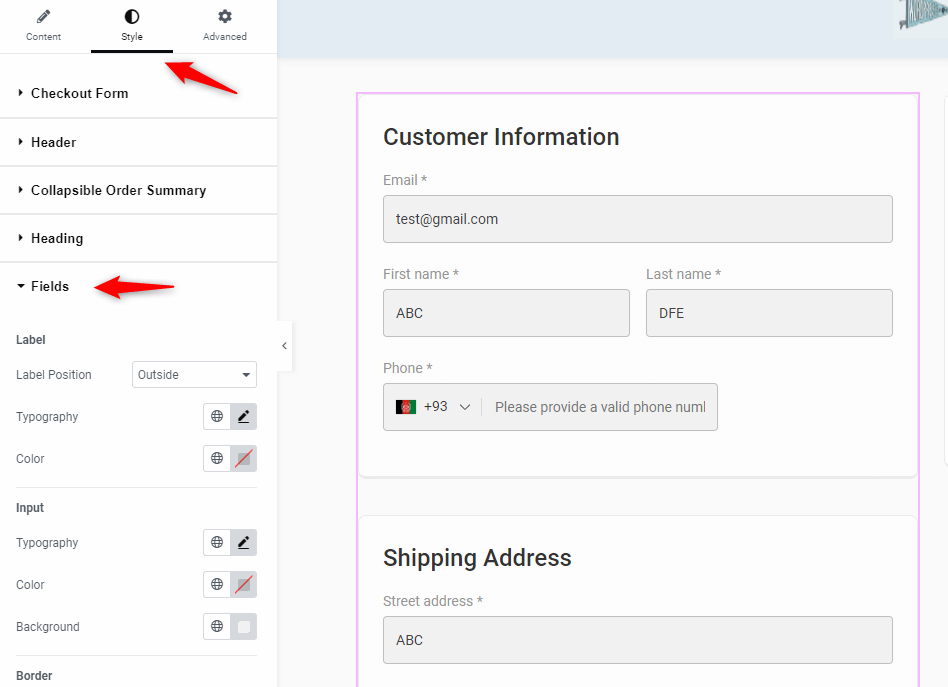 style tab for fields