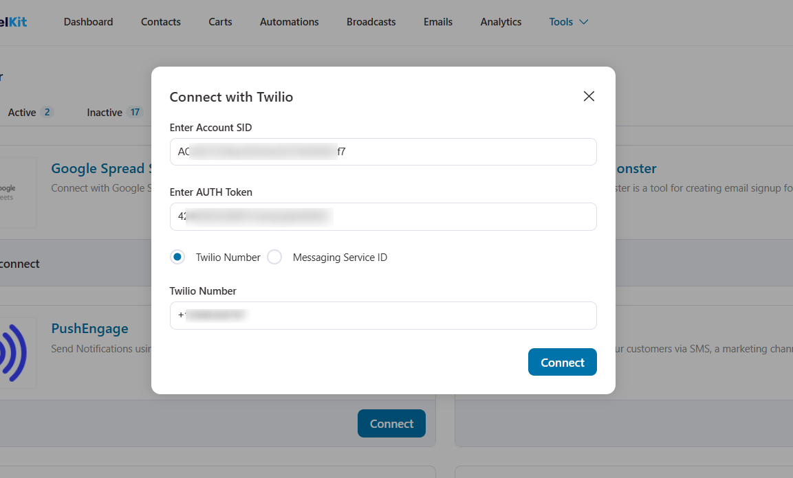 Paste your Twilio Account SID, Auth Token and Phone Number here