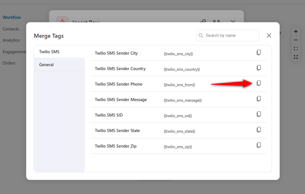 Copy the twilio sms sender phone merge tag