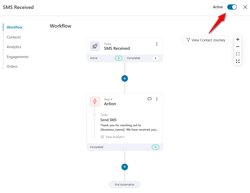 Activating the twilio sms received and send sms automation