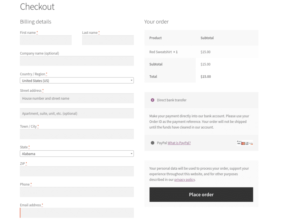 Default checkout page of WooCommerce