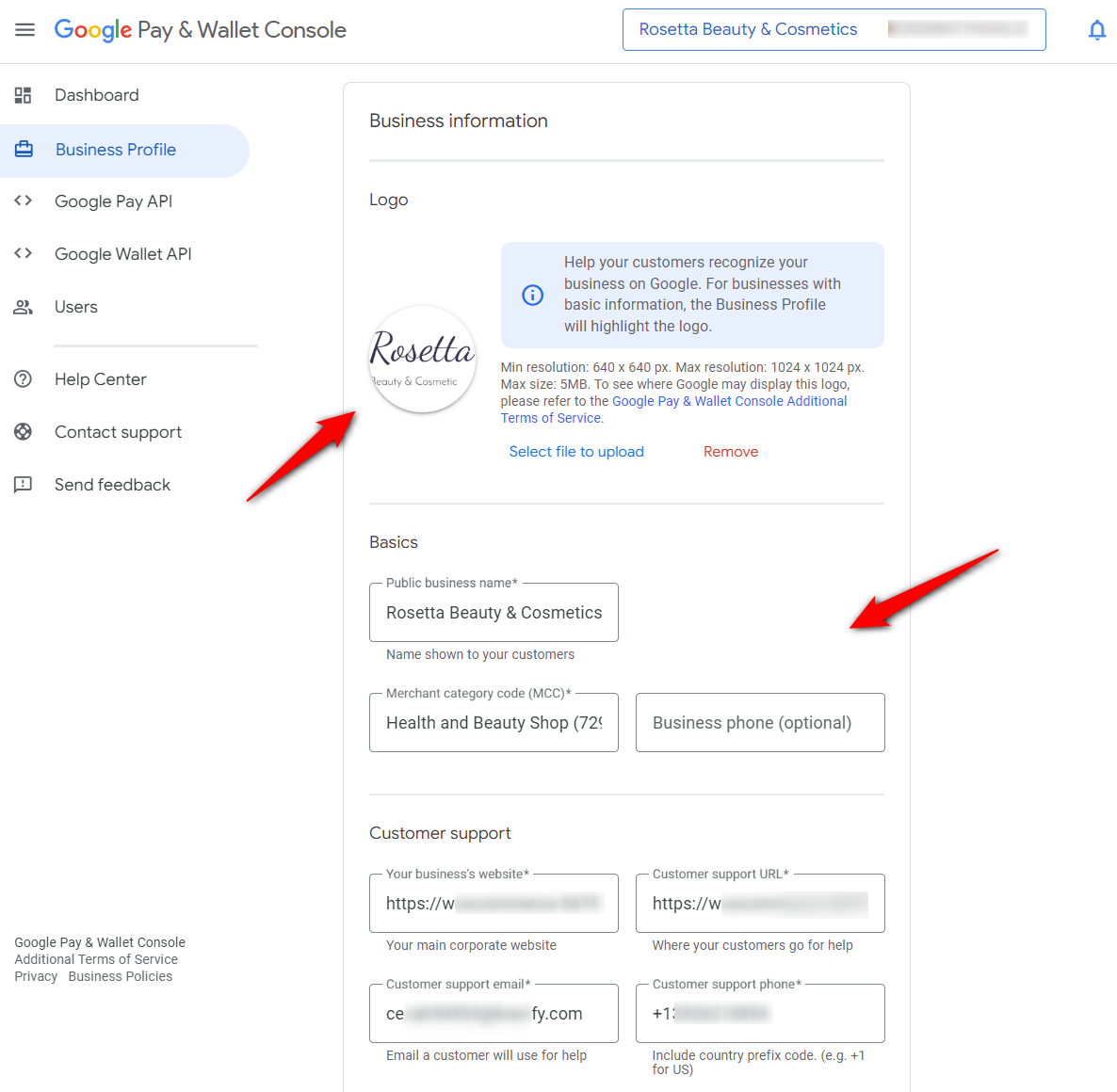 Upload logo and enter basic information about your business into google pay and wallet console dashboard