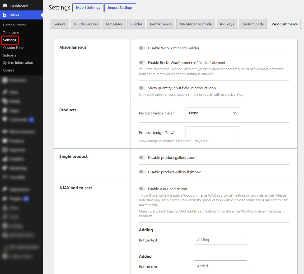 bricks woocommerce settings - control the Sale badge (or show a discount percentage instead), display a New badge for recent products, disable the product gallery zoom and lightbox scripts, and choose how AJAX add-to-cart errors behave.