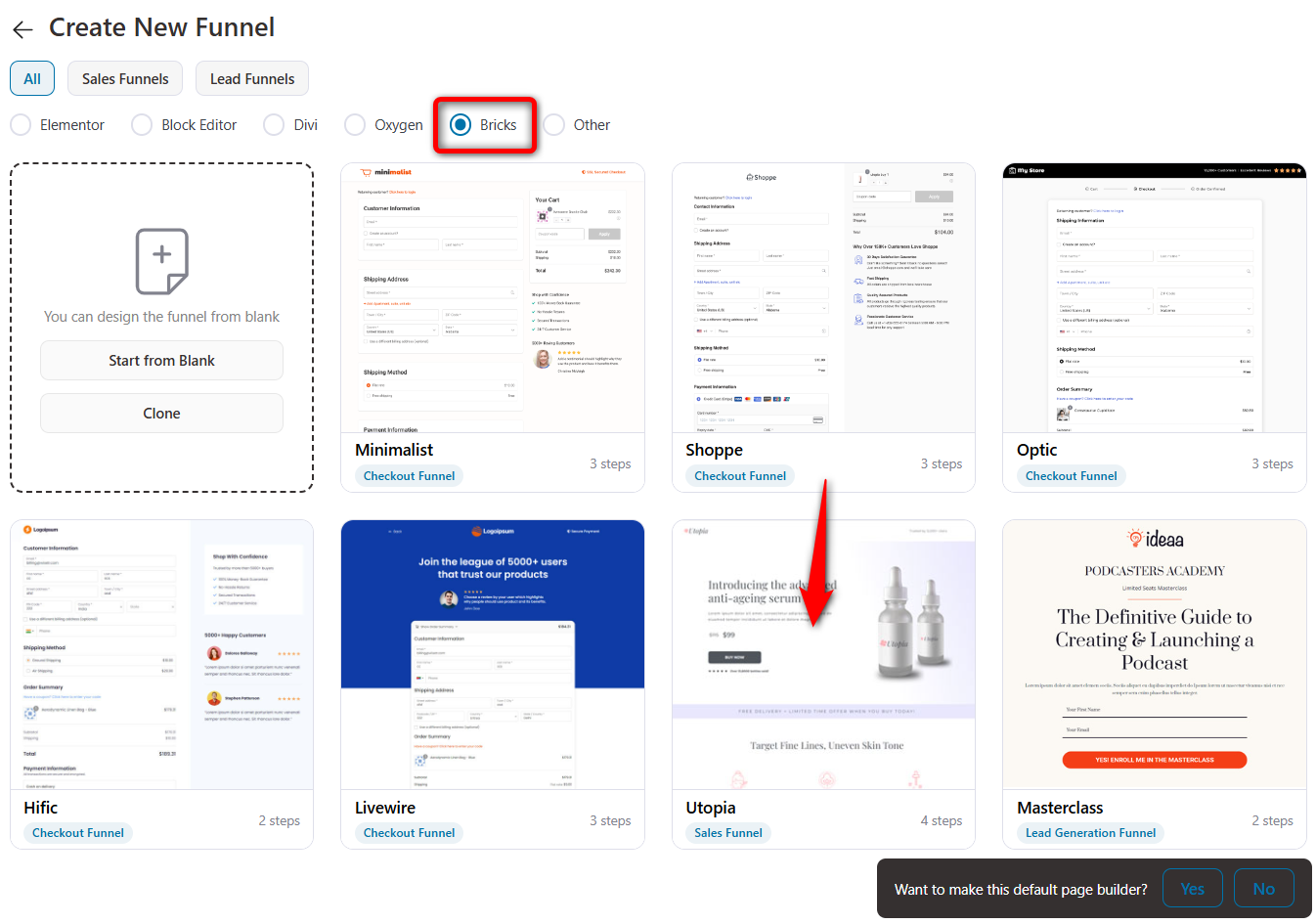 Select bricks builder and click on the sales funnel template you like