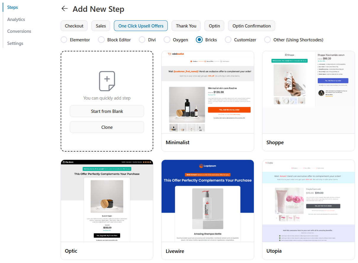 pre-made one-click upsell page templates - bricks woocommerce