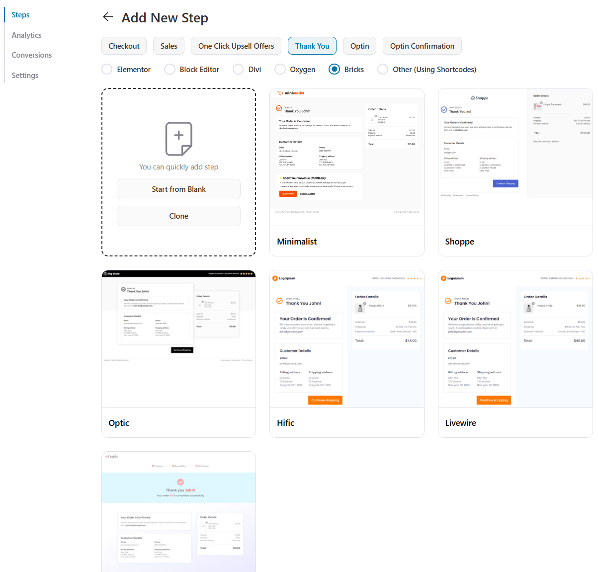 WooCommerce thank you page templates for Bricks developed by funnelkit