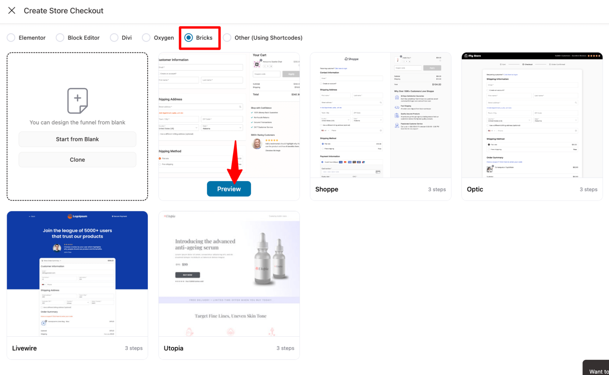 choose bricks as builder and preview the checkout template