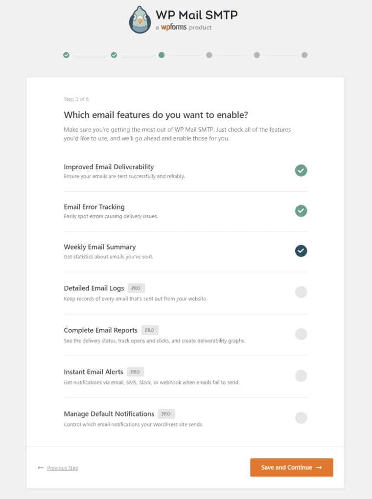 choose which features to enale in WP SMTP mail