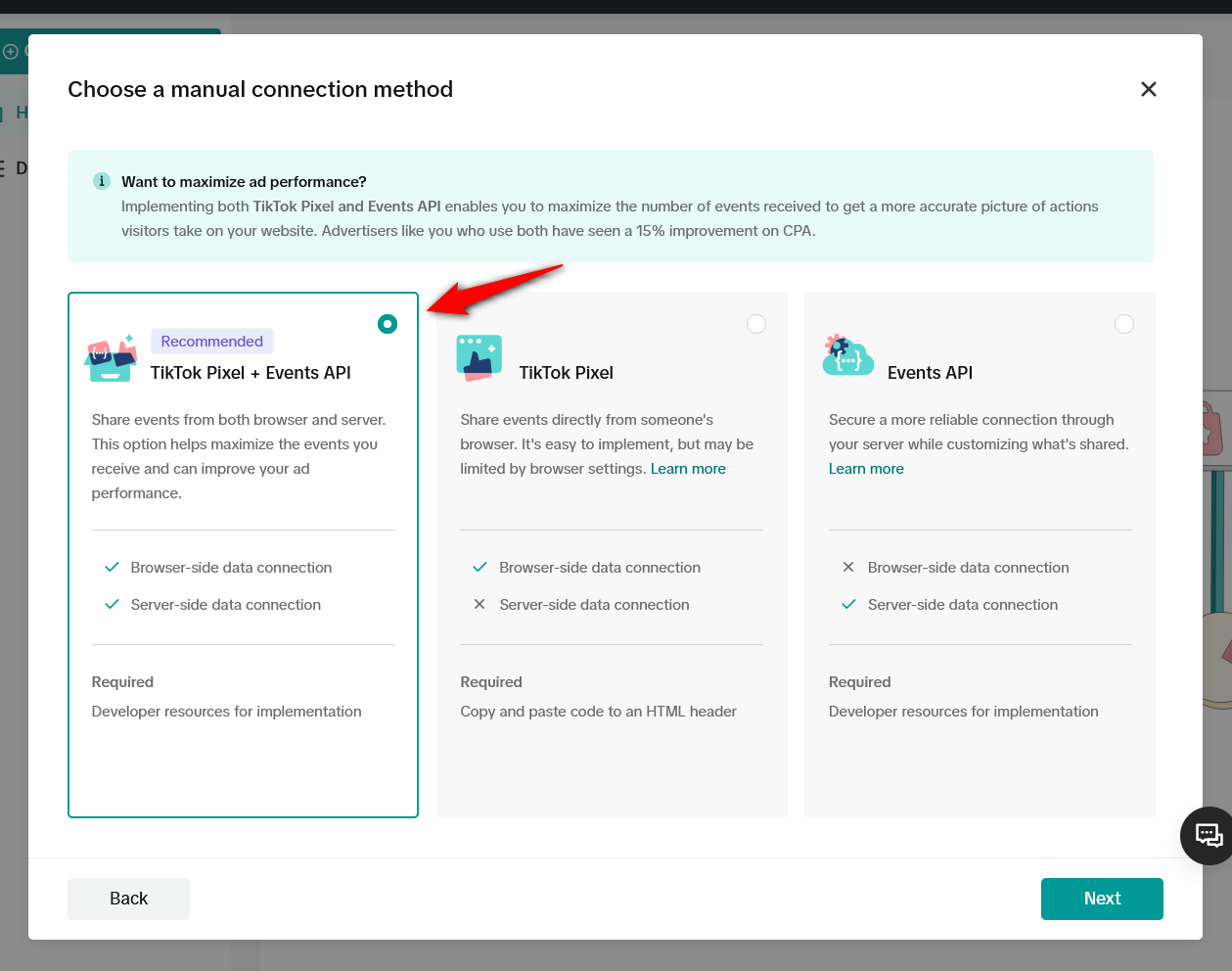 Choose a manual connection method - tiktok pixel + events api