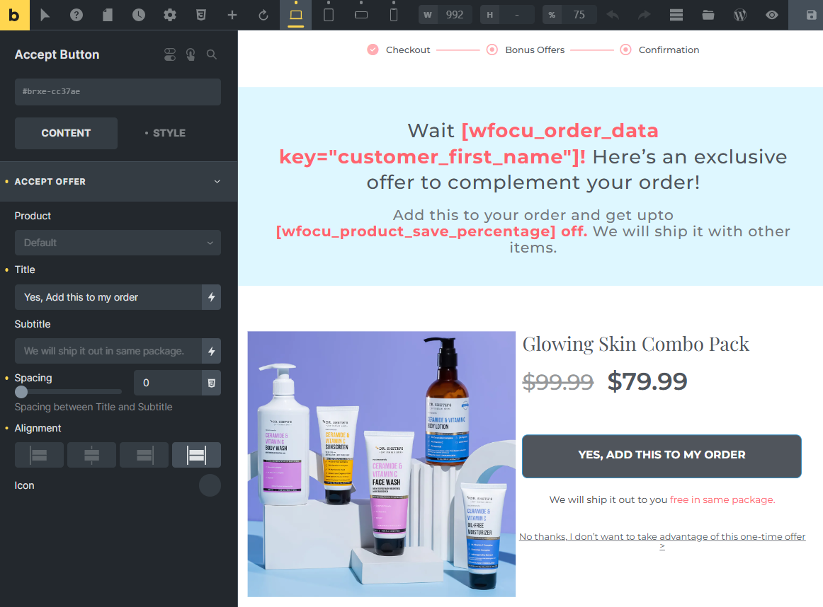 customize the one-click upsell page with woocommerce bricks builder integration 