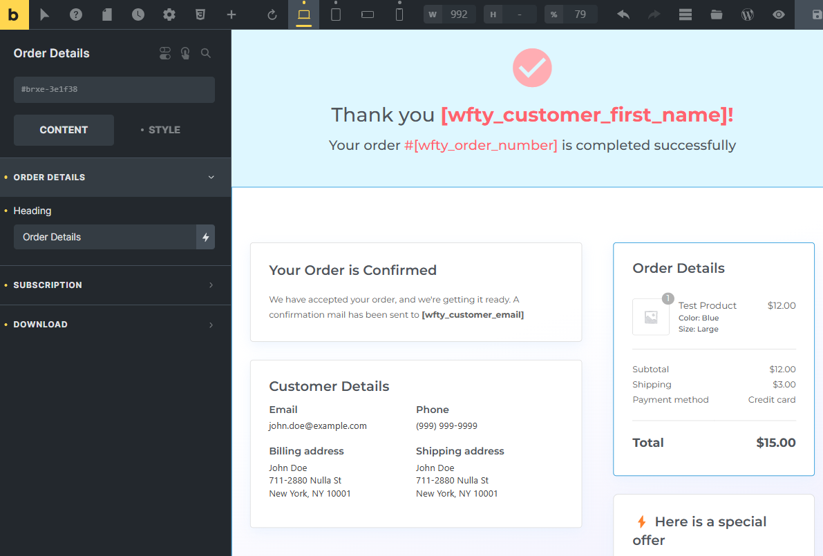 edit the thank you page woocommerce bricks template 