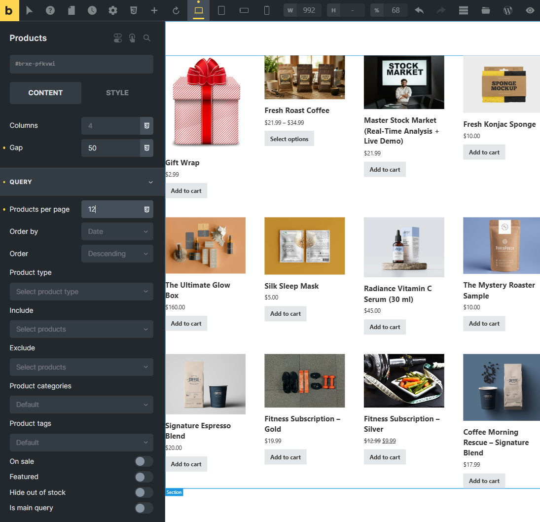Create a Product archive (shop page and category pages) template and add a Products element. Configure the grid columns, spacing, and image ratio, and Bricks handles responsive behavior for you.