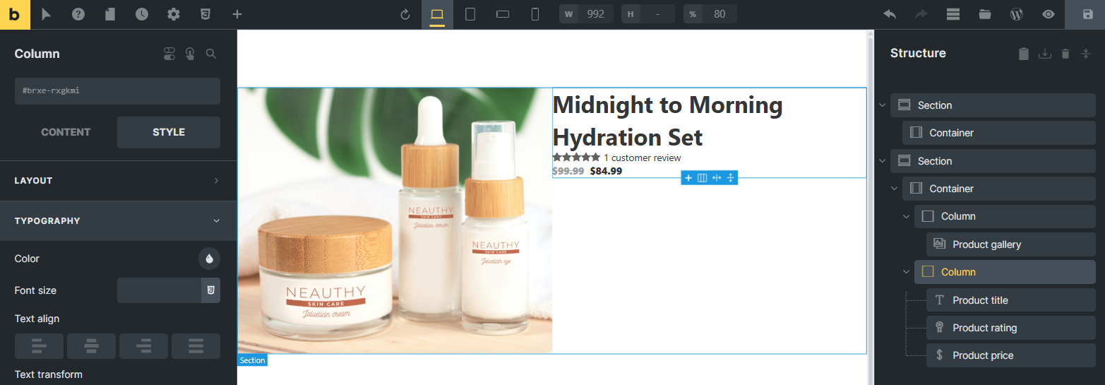 In the right column, stack the Product title, Product rating, and Product price elements. These are dynamic, meaning the template shows each product’s own data on the front end.