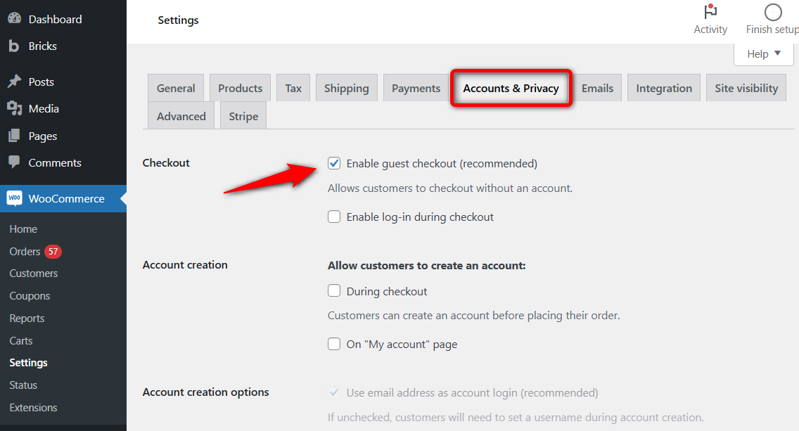 Enable guest checkout under woocommerce accounts and privacy settings