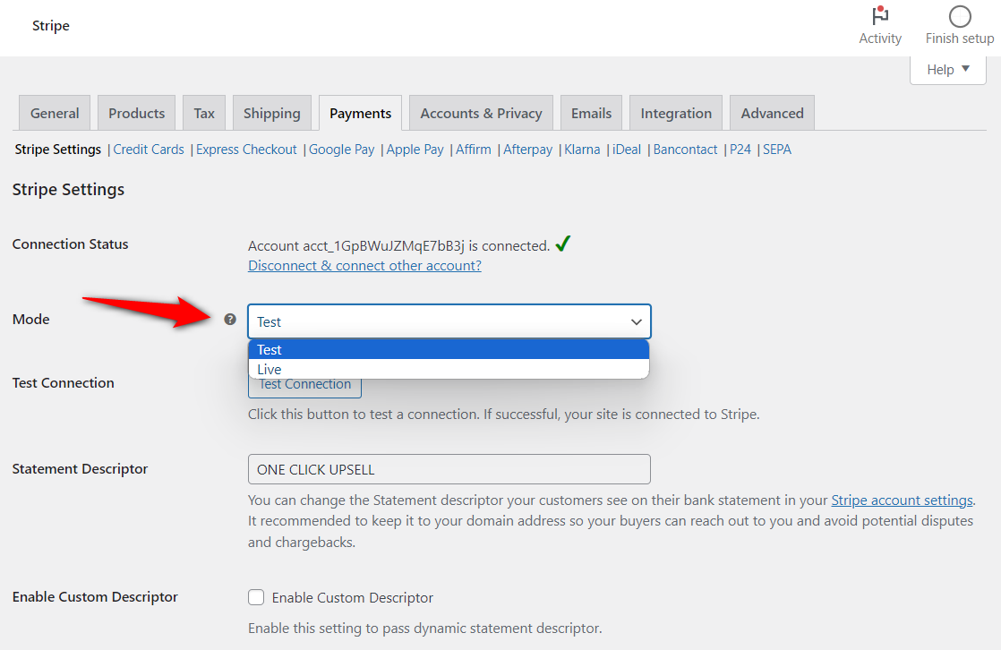 enable the stripe test mode for testing the transaction