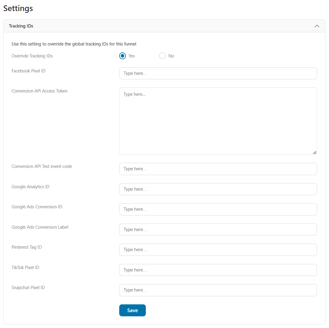 Override the global tracking IDs for this funnel