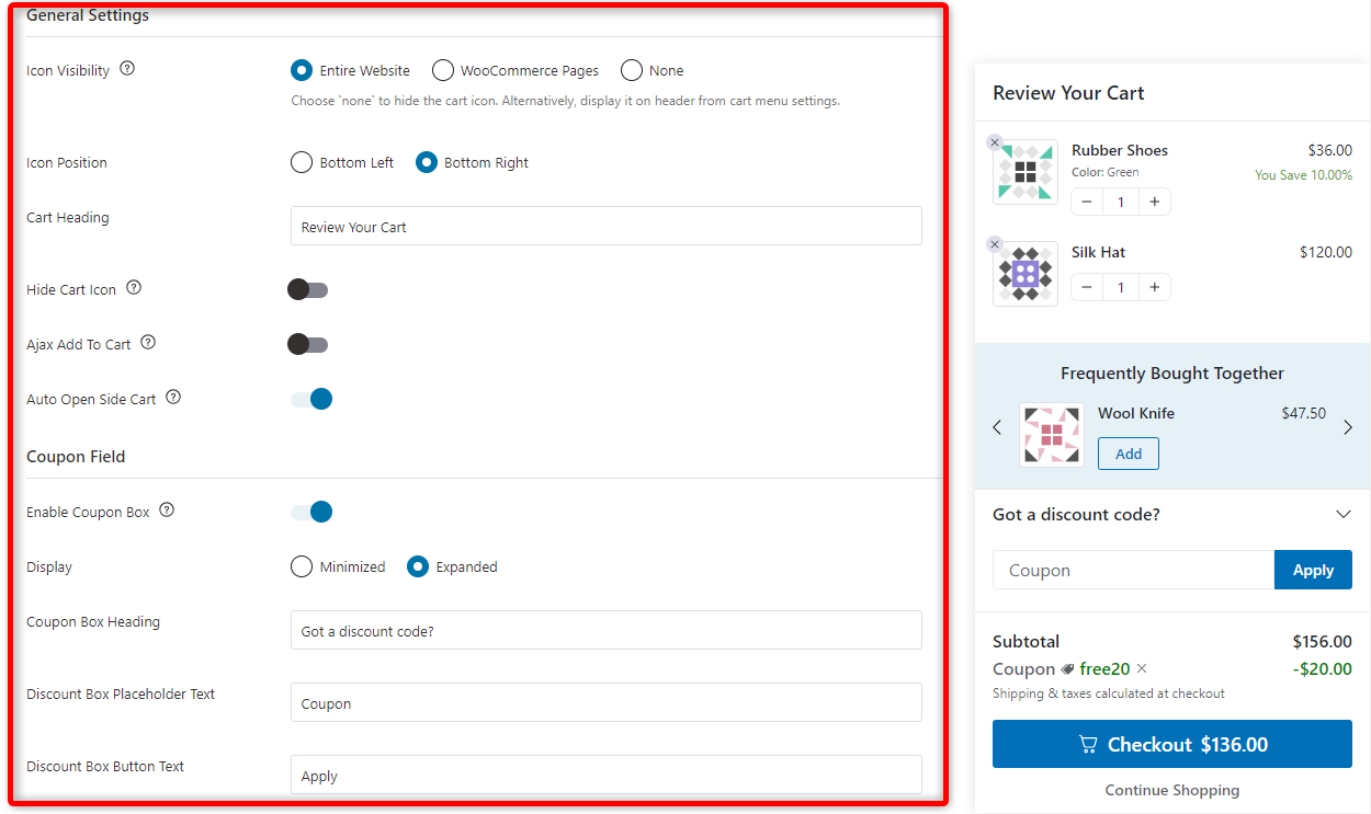 configuring the general settings of WooCommerce cart add-ons