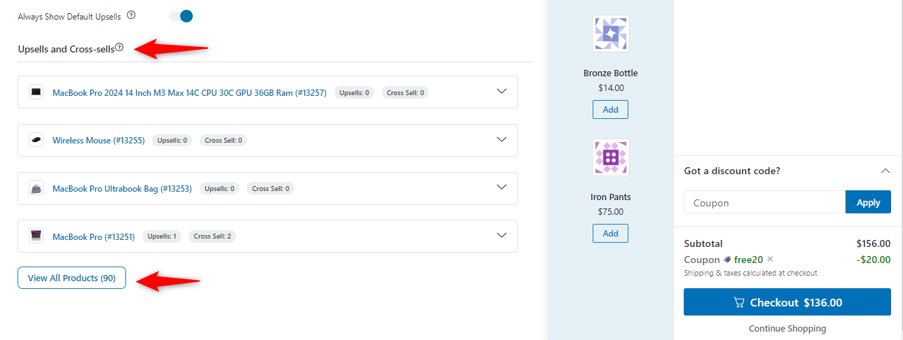 Adding upsells and cross sells in a product