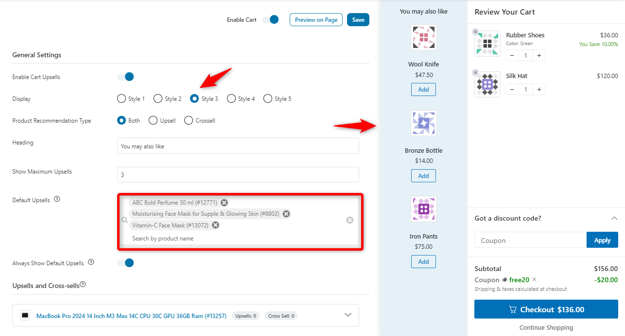 Adding default upsells in the cart