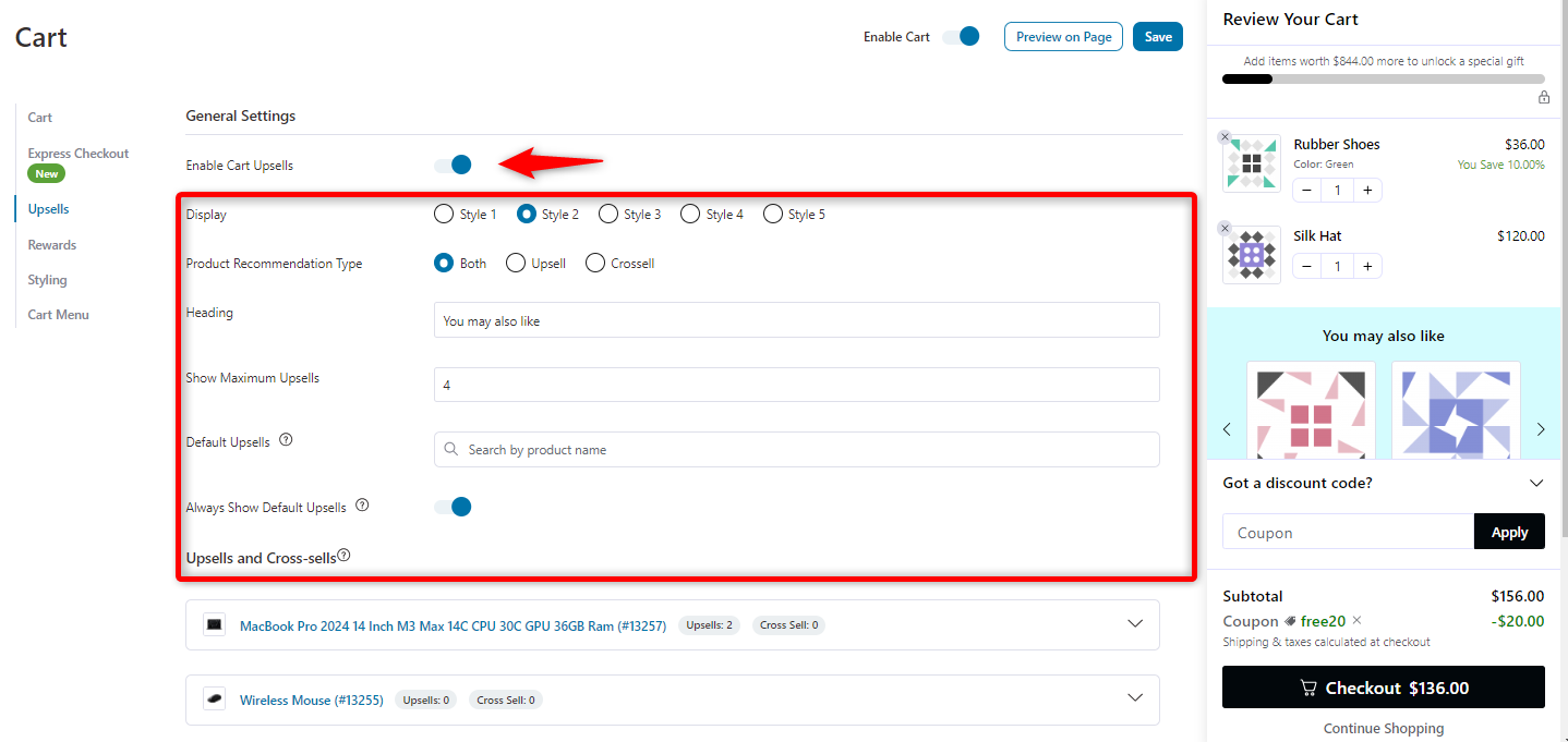 General settings of upsells