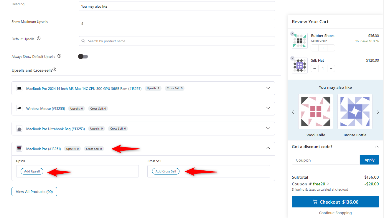 Set up upsells and cross-sells product-wise 