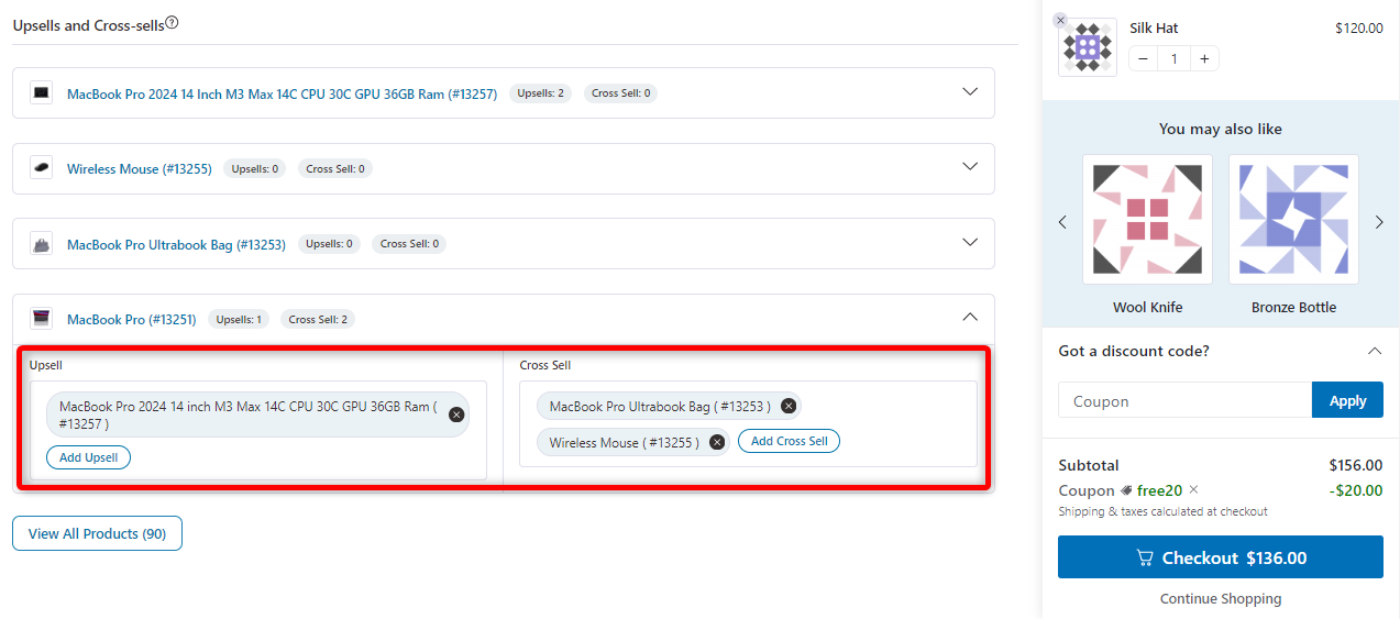 Upsells and cross sells are added for the product