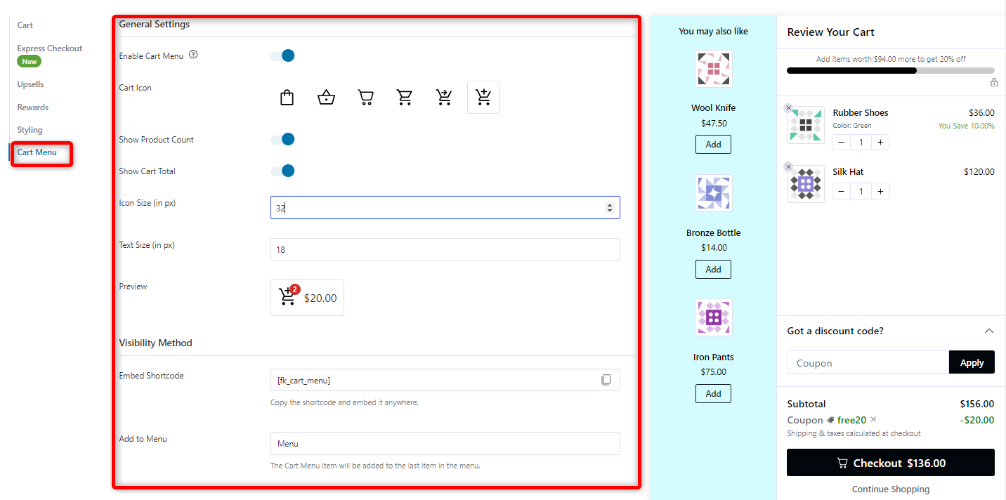 General settings of cart menu