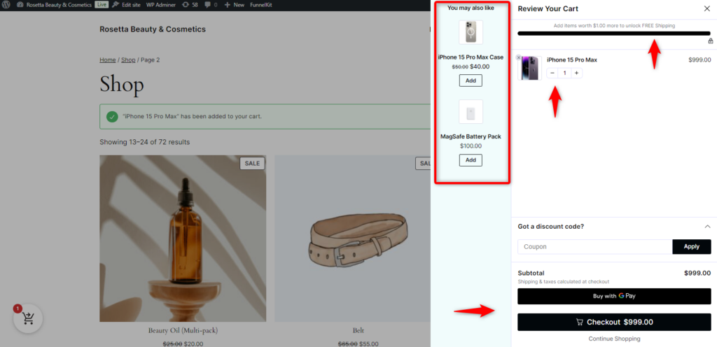 Checkout the differences between the default WooCommerce cart and the FunnelKit cart