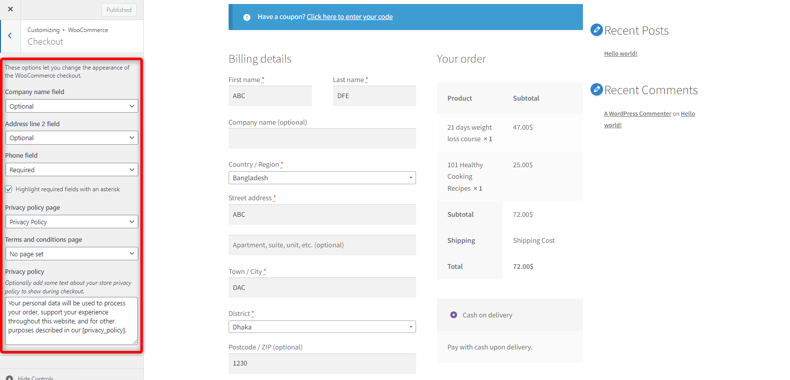 Checkout fields in the WooCommerce