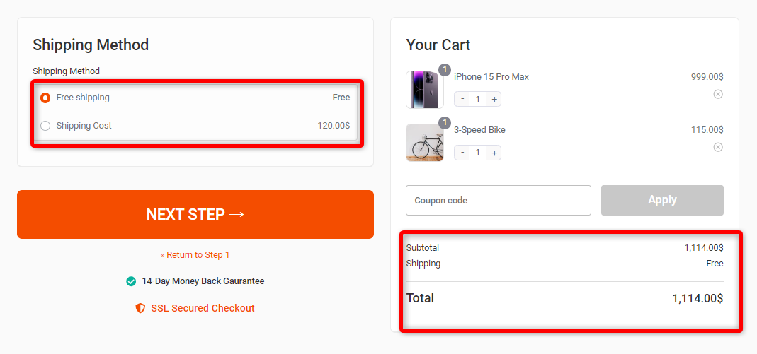 Free shipping and flat rate shipping on woocommerce checkout page