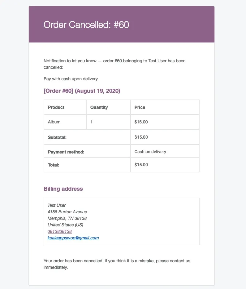 WooCommerce canceled order email to customer