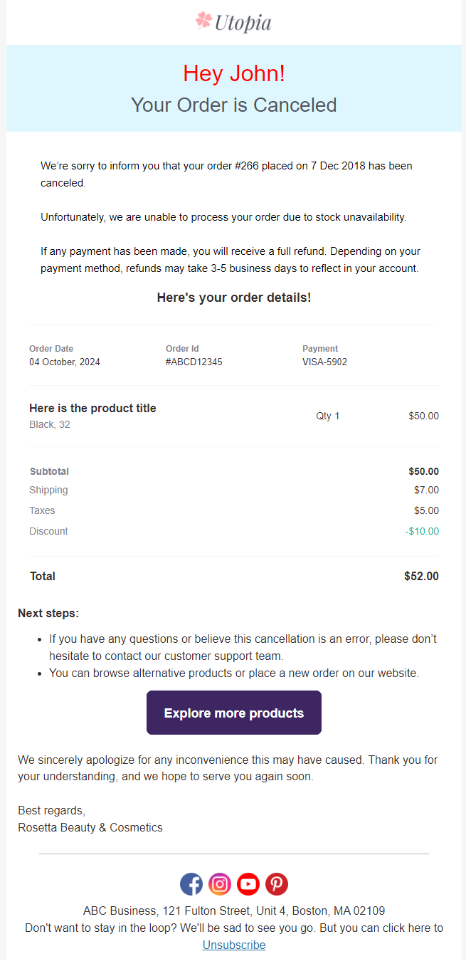 WooCommerce canceled order email to customer