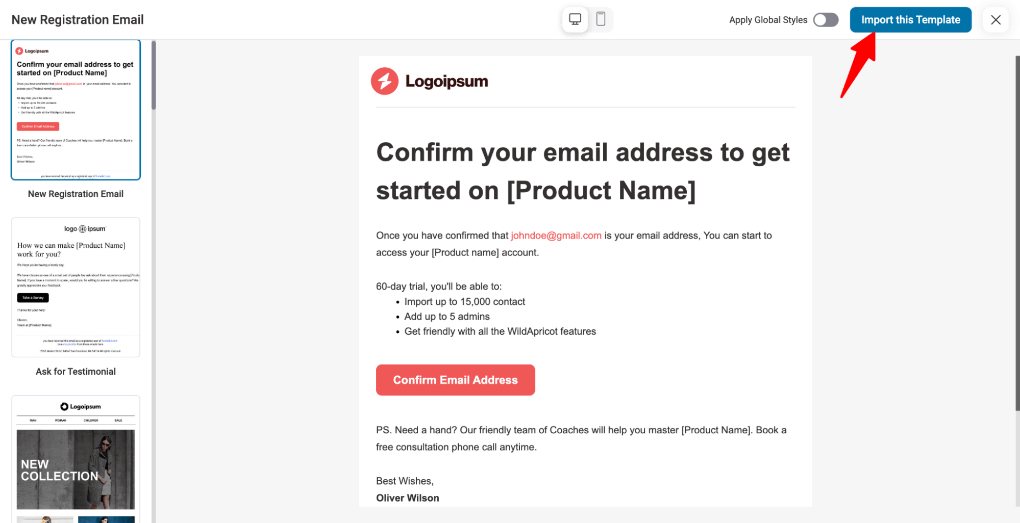 import prebuilt email template