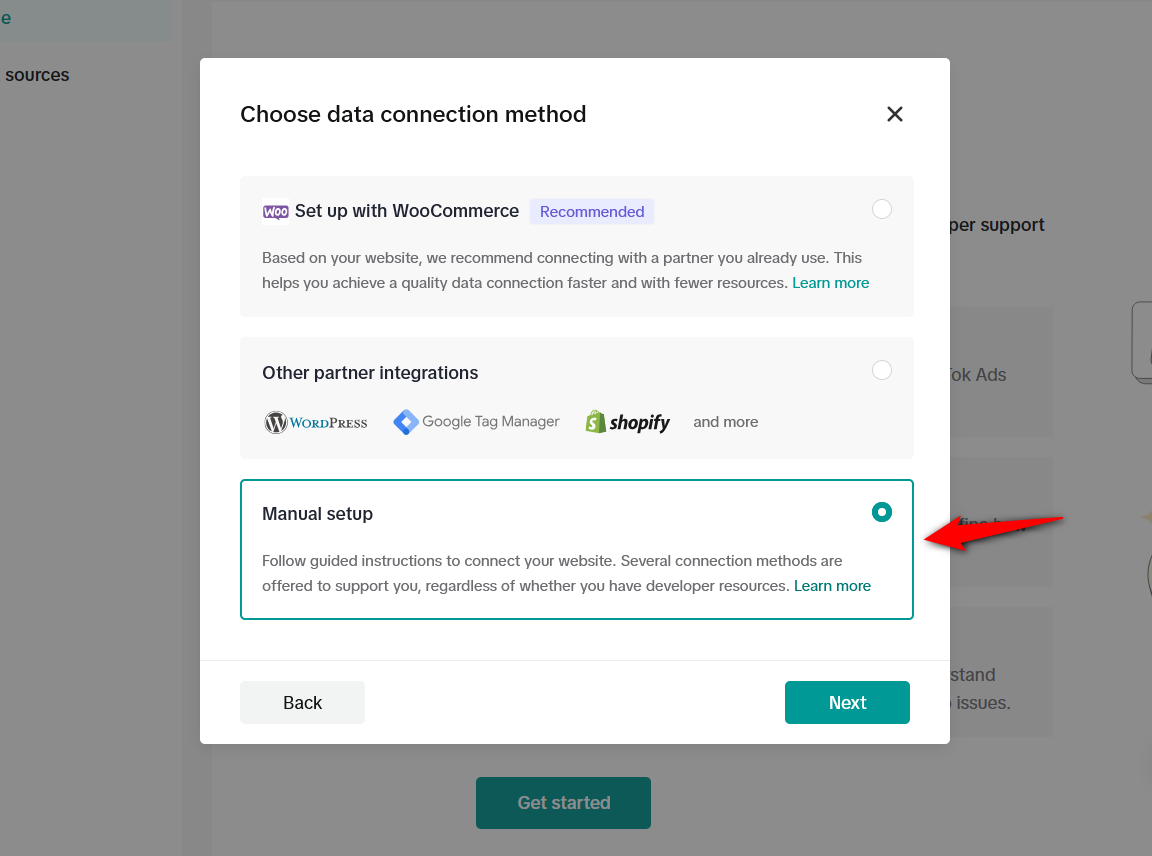 Choose manual setup - data connection method for woocommerce tiktok pixel