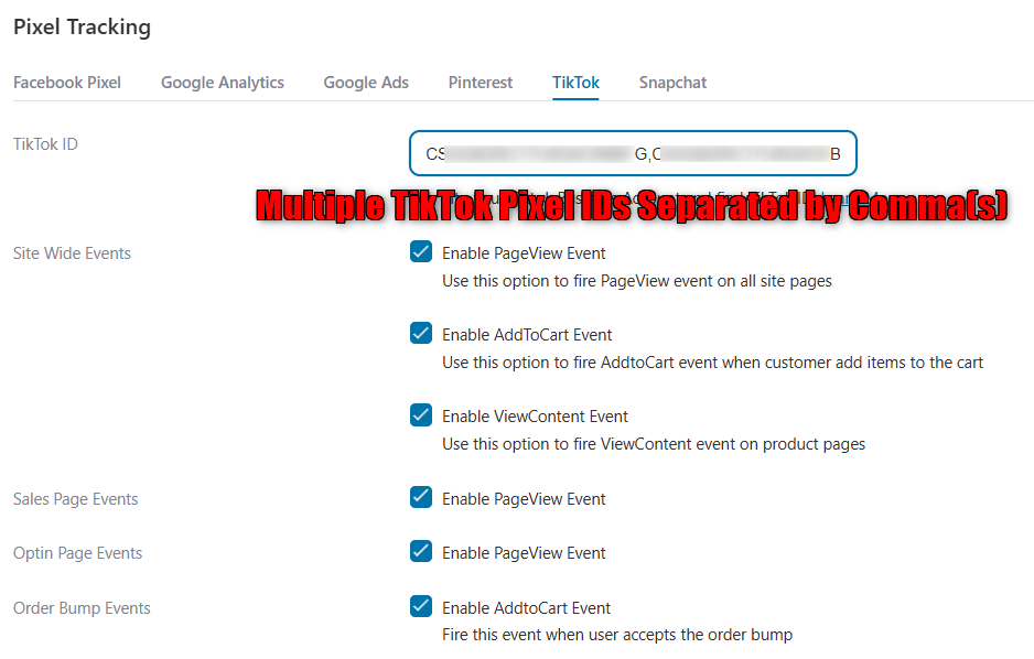 Multiple woocommerce tiktok pixel Ids