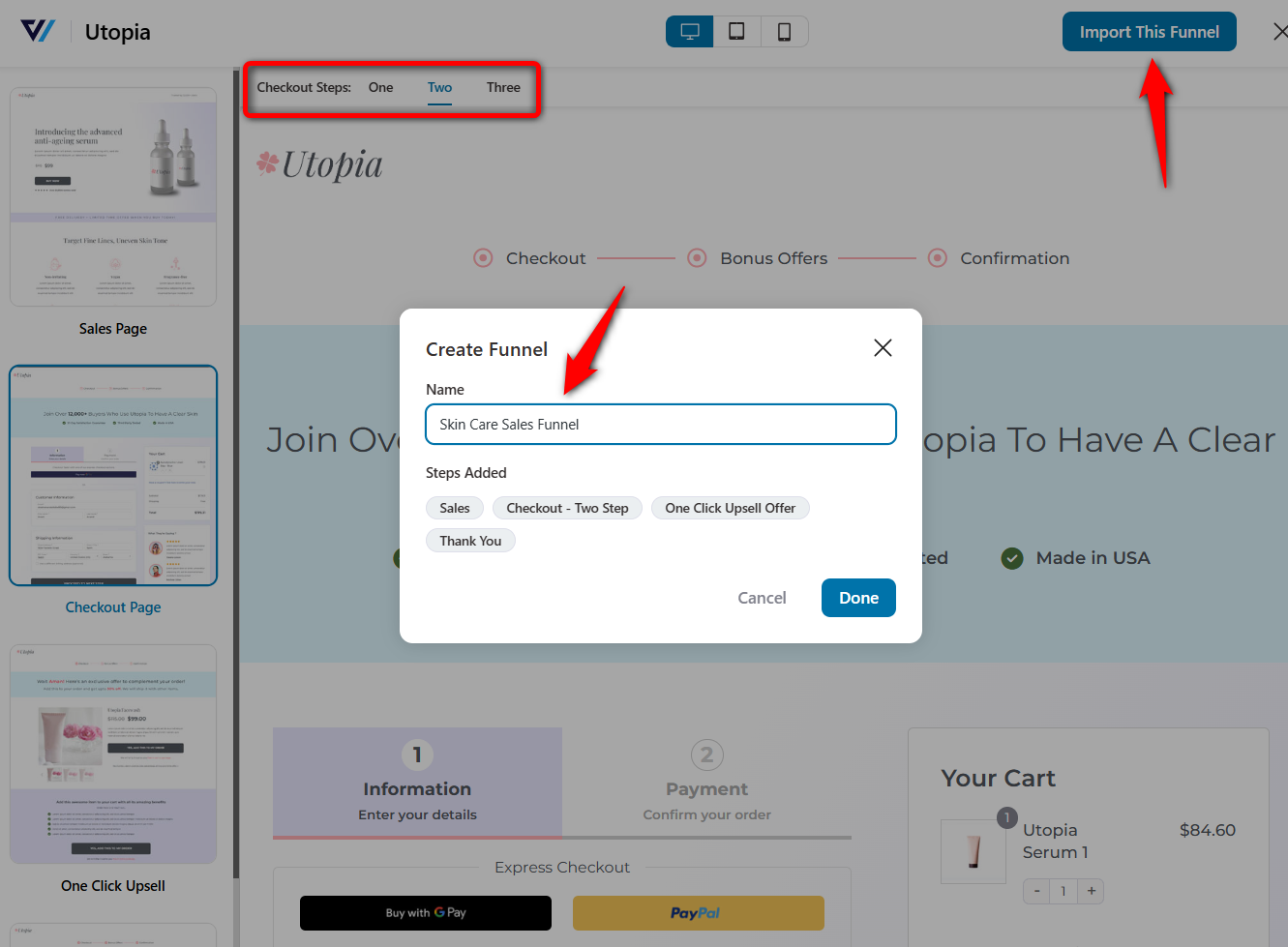 Enter the name of bricks woocommerce sales funnel and import the template 