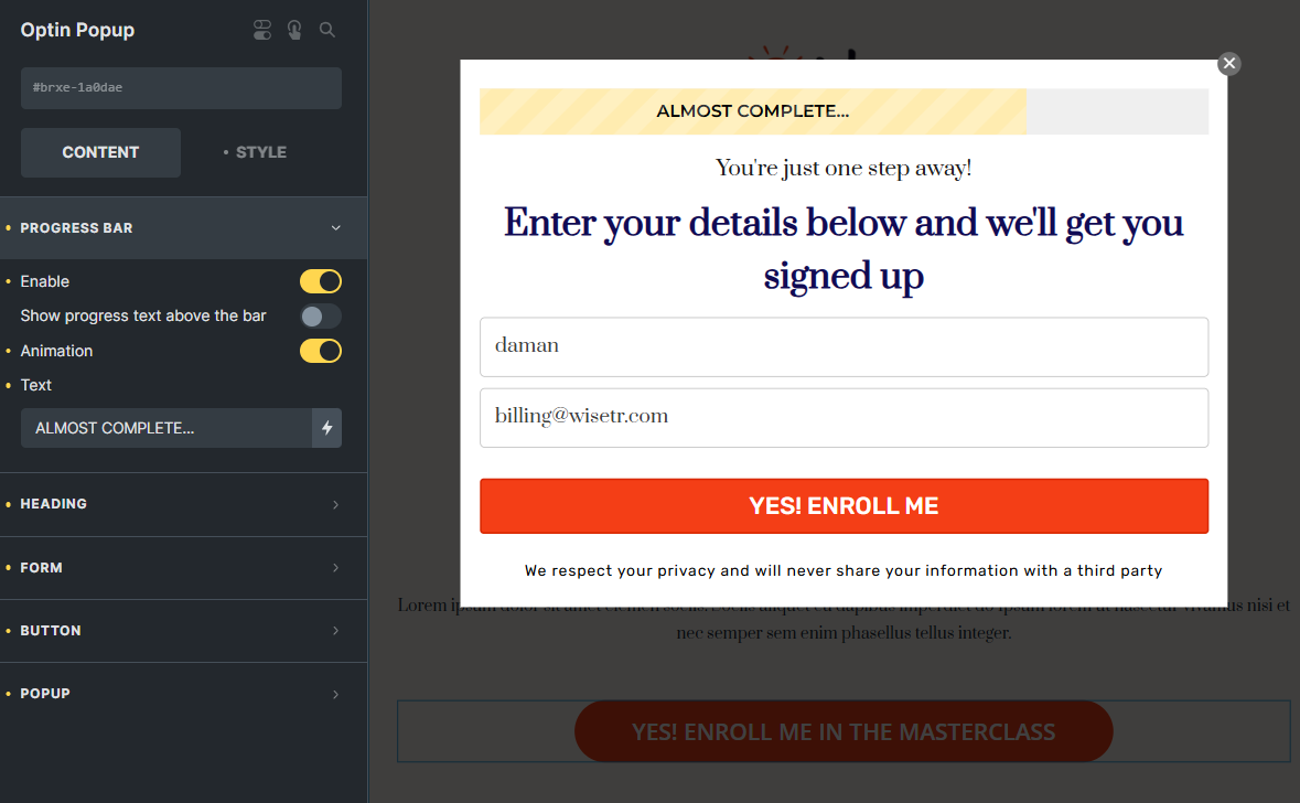 Popup optin form element of bricks woocommerce