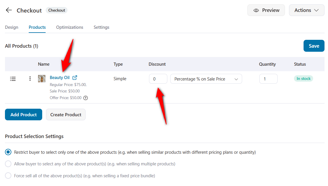 Configure discounts and set quantity for this product