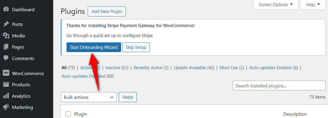 configuring stripe - start onboarding wizard