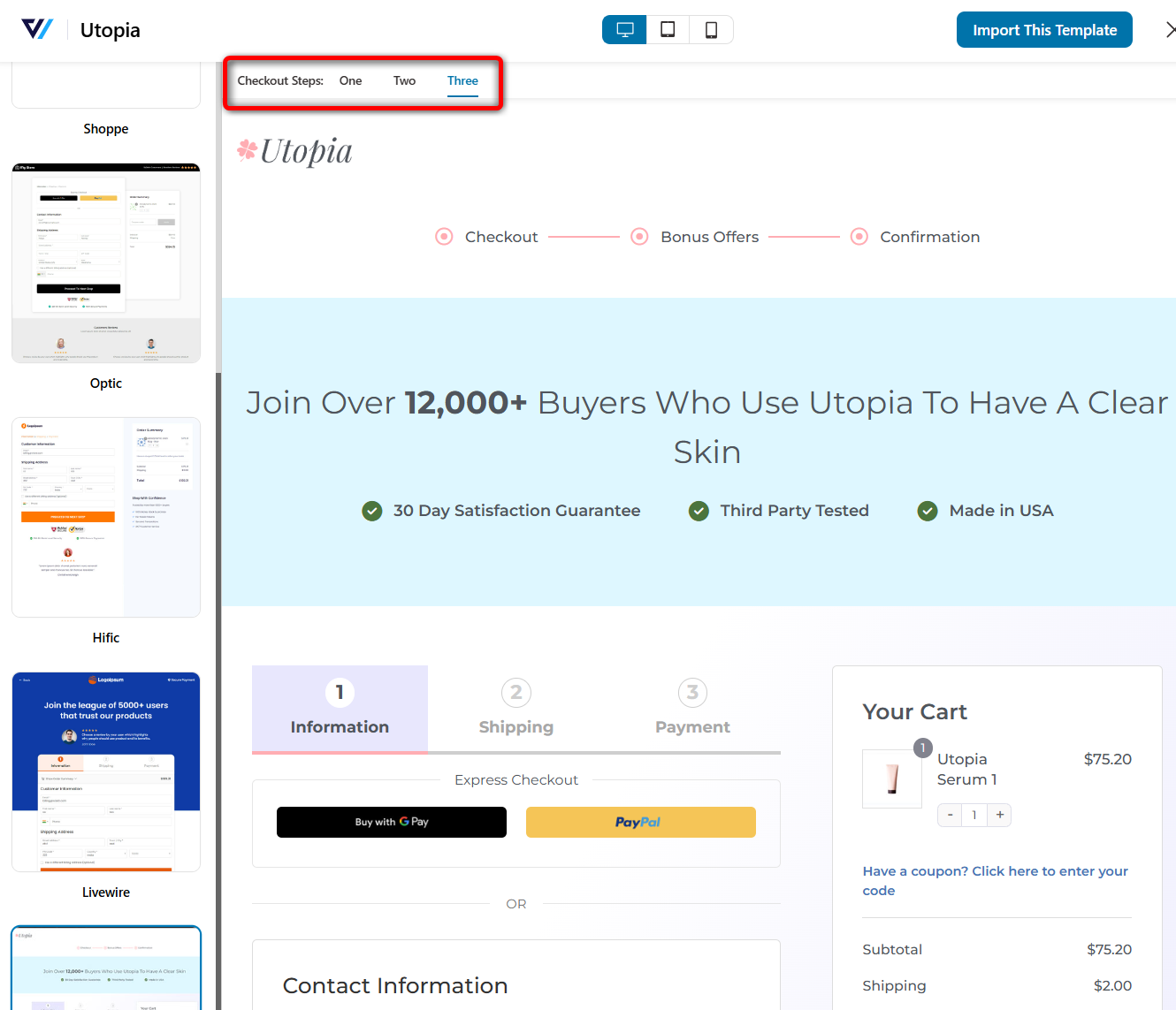 Choose the number of steps on your checkout page template when importing