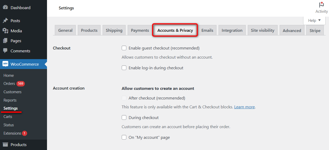 navigate to accounts and privacy under woocommerce settings