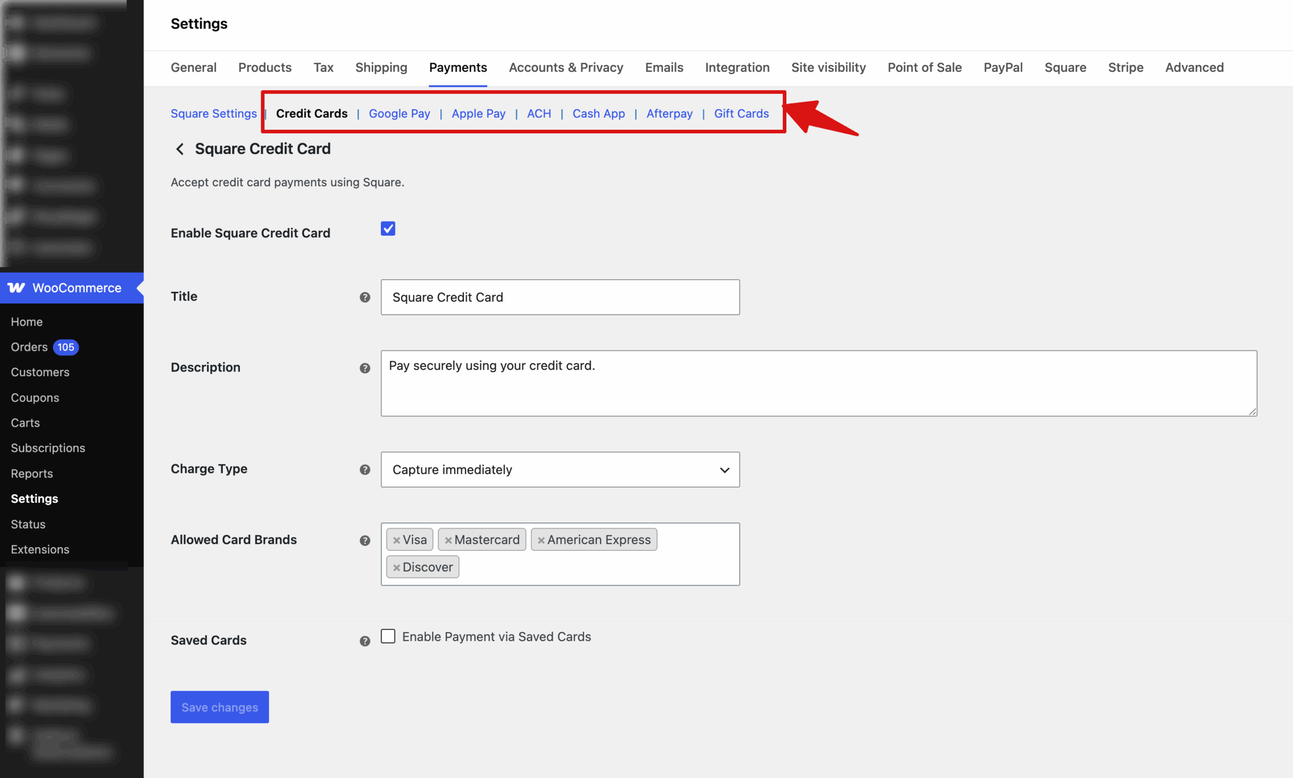After connecting Square, enable and manage the payment methods you want to use in your store. You can enable or disable methods based on your region and Square account setup.