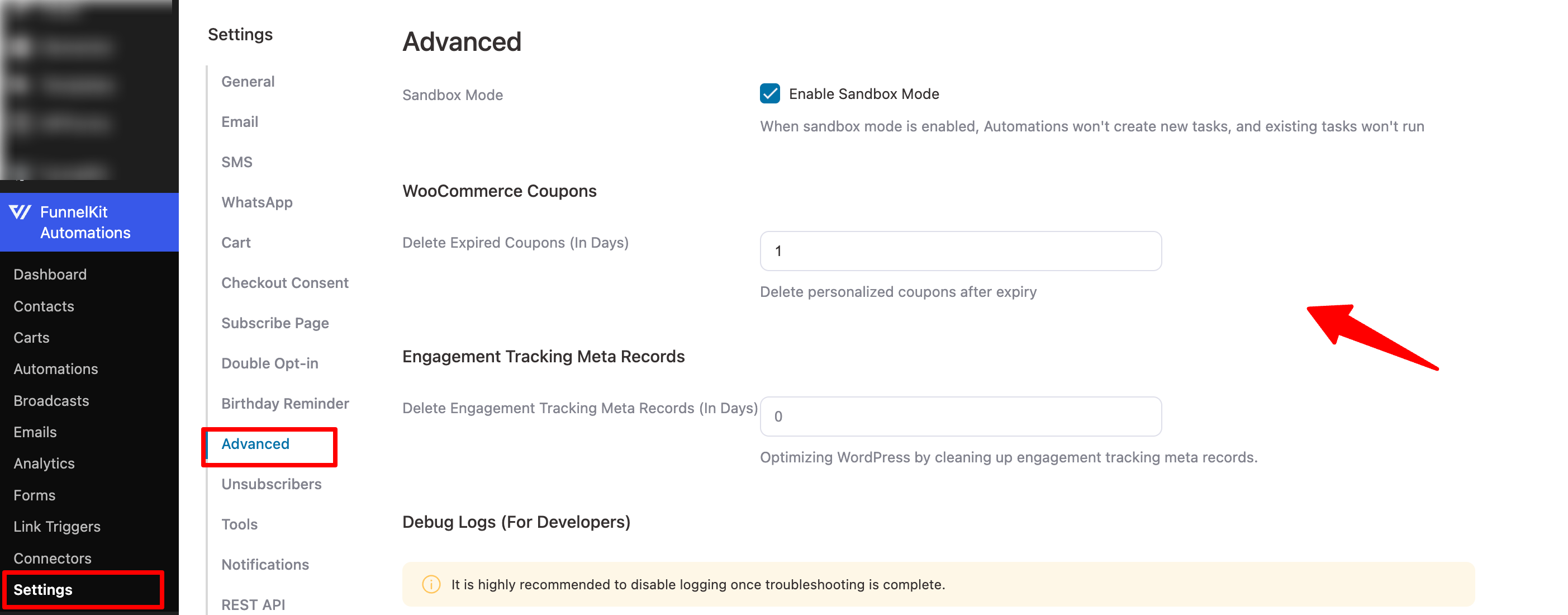 FunnelKit Automations advanced settings sandbox