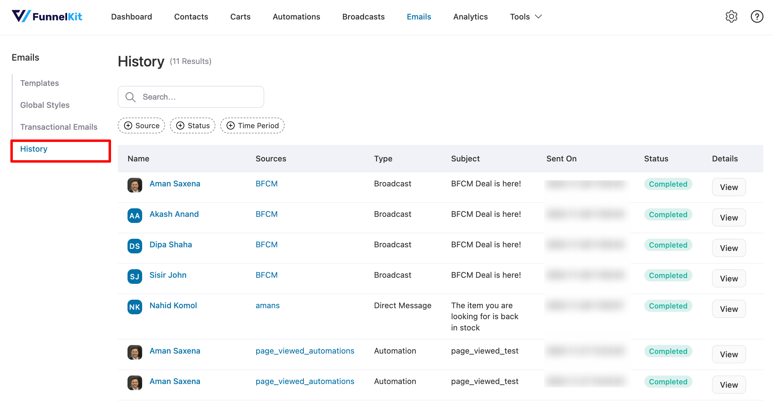 New feature global email history tab funnelKit automations