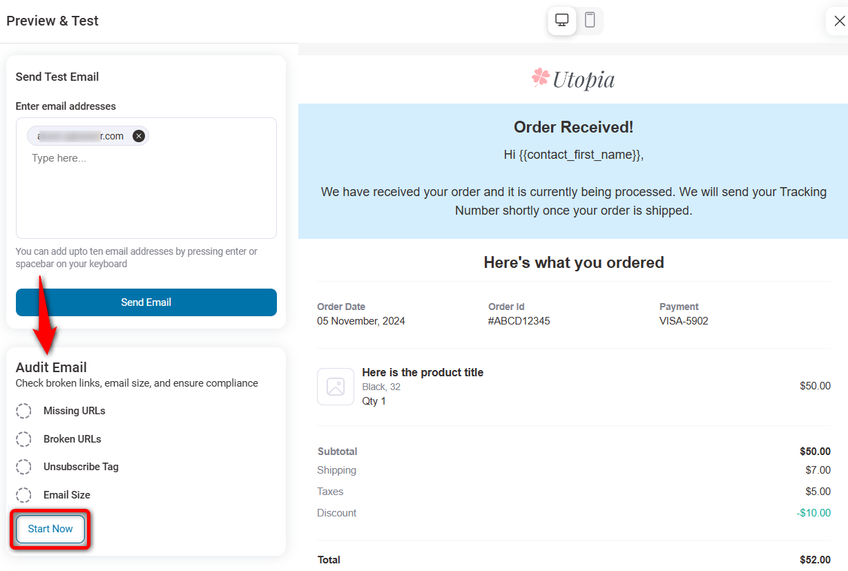 Click on Start Now to run the email audit feature - funnelkit automations 3.3.0