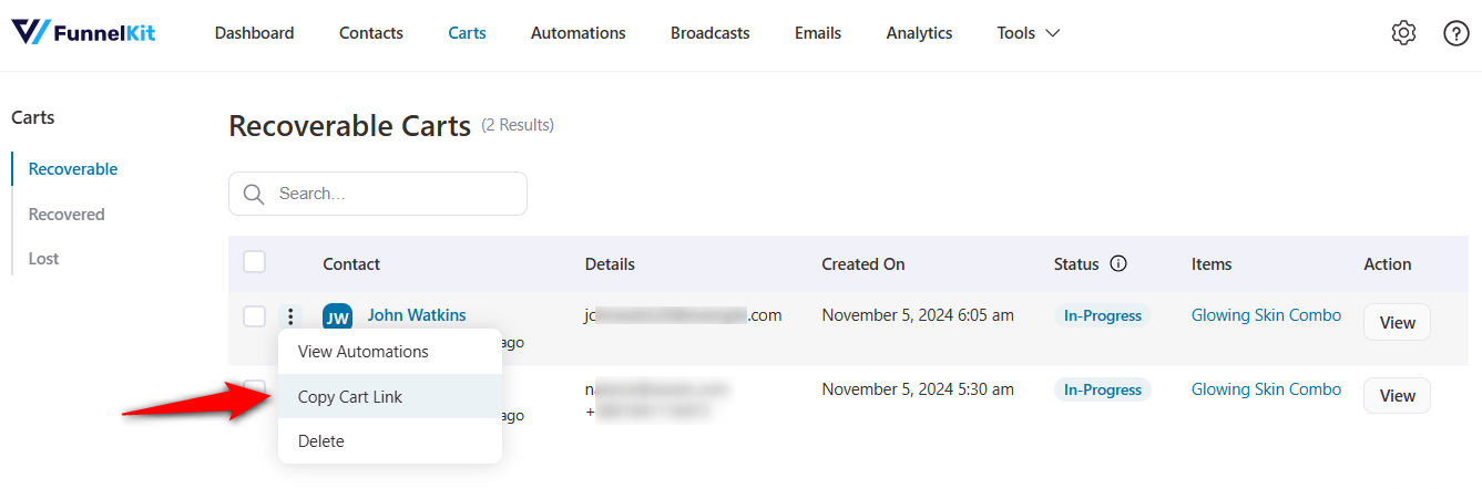 Copy cart recovery link feature in funnelkit automations 3.3.0
