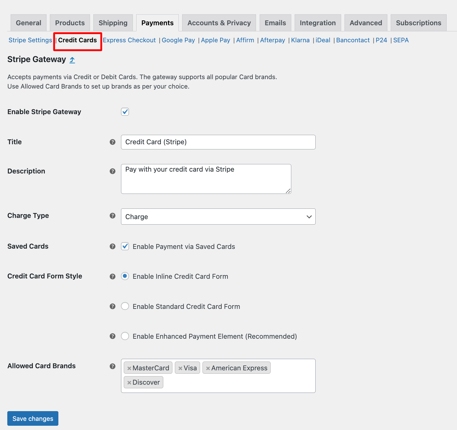 credit card set up using stripe