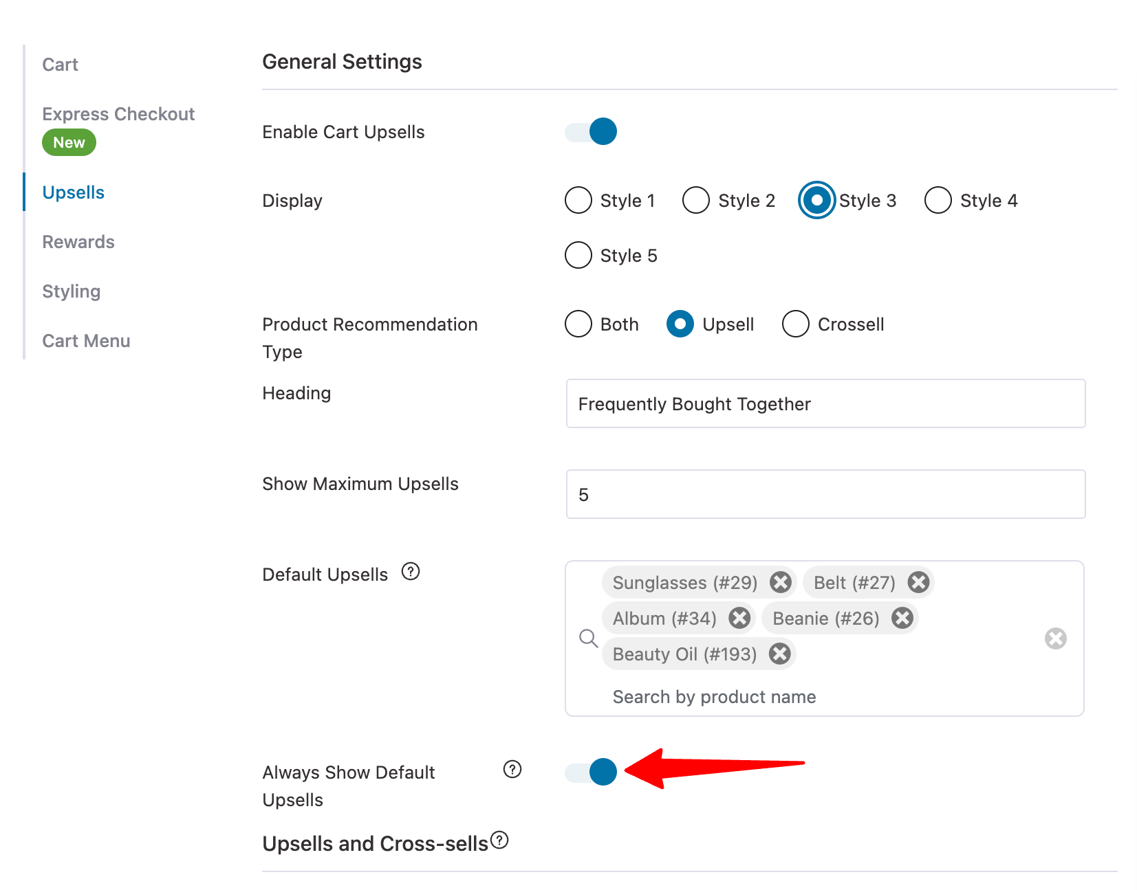 enable always show default upsells